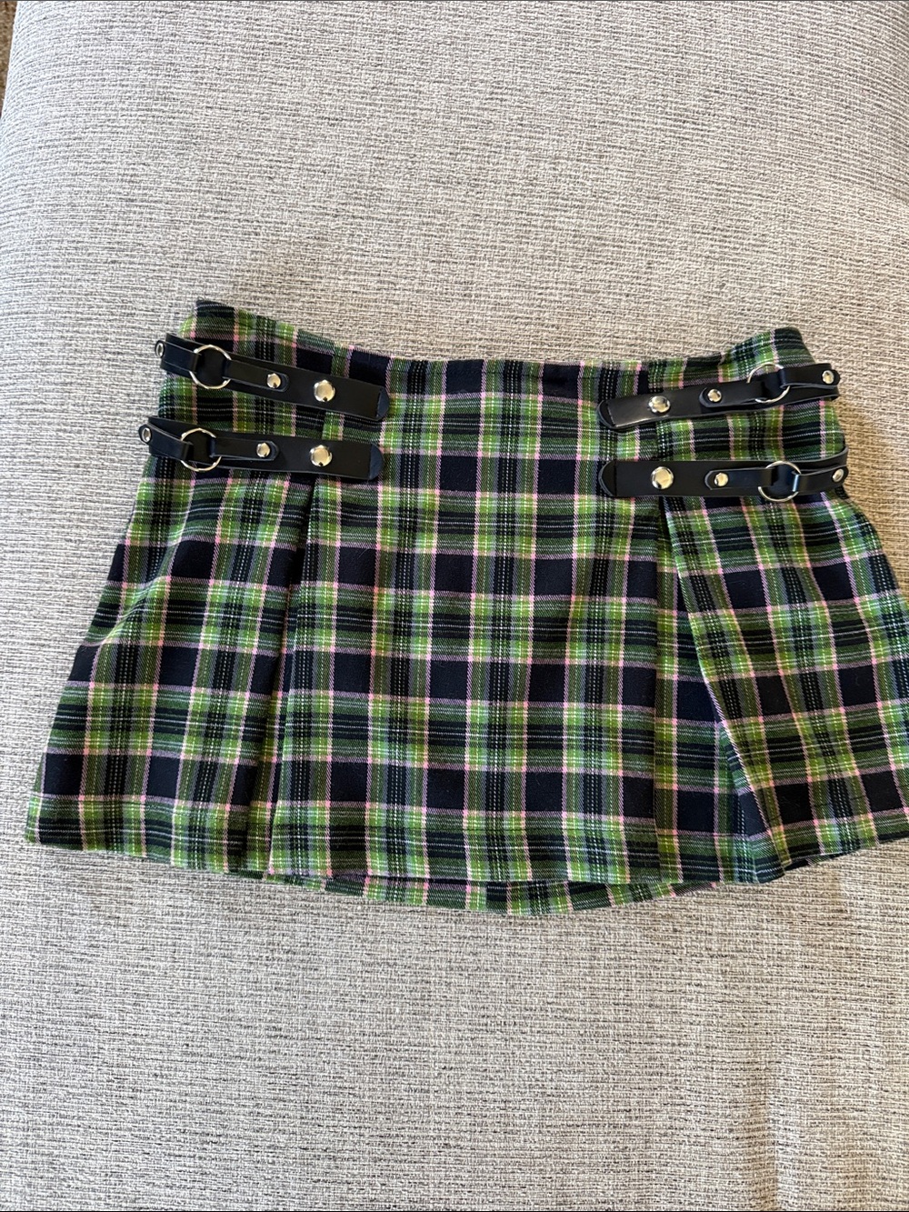 Green Plaid Mini Skirt with Buckle Strap Accents